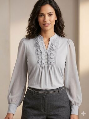 August Silk Ruffle Front Blouse Gray Sheer Long Sleeve Romantic Top XL